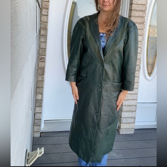 Vintage Green Genuine Leather Trench Coat with Triangle Pattern - Picture 8 of 16